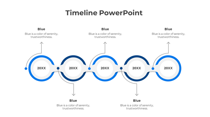 Timeline slide with a sequence of five connected blue and white circles, each labeled 20XX and paired with captions.
