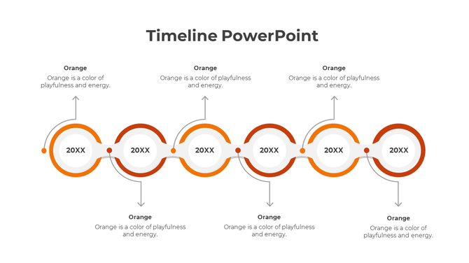 A timeline PowerPoint template featuring six orange circles for different years with descriptions.