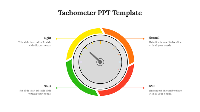 Colorful Tachometer slide with color coded sections from light to BMI with placeholder text.