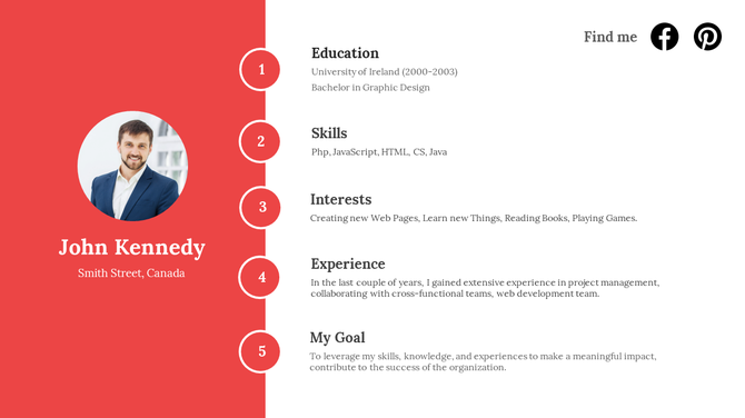 Resume layout with a red sidebar, featuring a circular profile picture, and five numbered sections outlining qualifications.