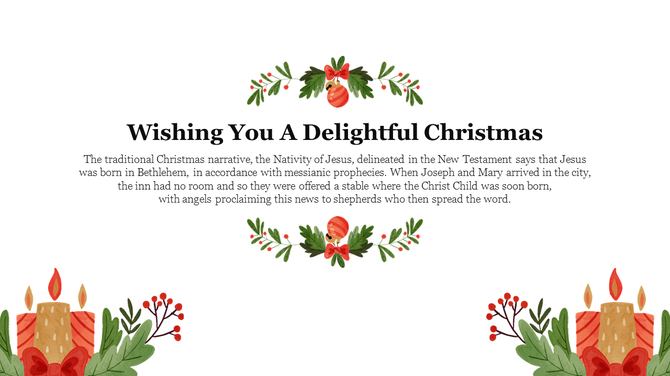 Christmas themed PowerPoint slide with a festive message and candle decorations on both sides on a white backdrop.
