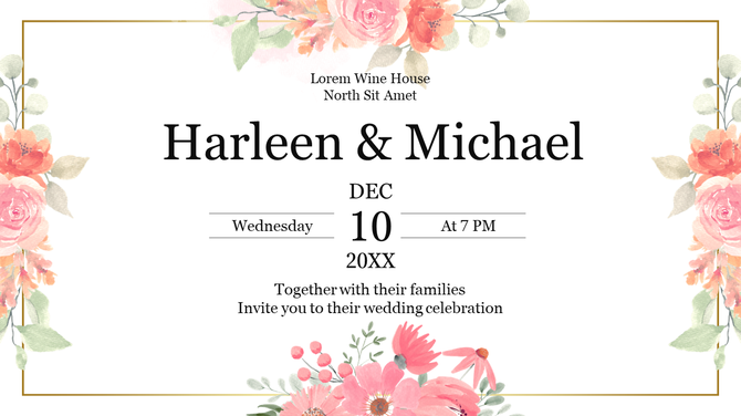 Wedding invitation slide design featuring floral accents, announcing Harleen and Michael's wedding on december 10.