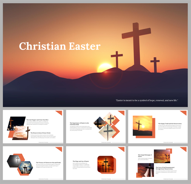 Slide deck showing three crosses at sunrise. Previews below cover themes like resurrection and the significance of Easter.