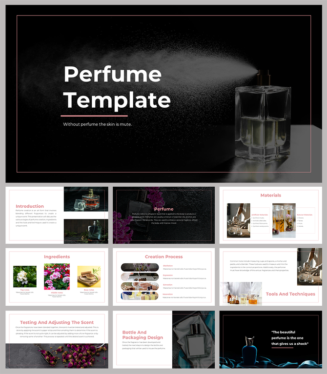Perfume themed slide deck with spray bottle on dark background, showcasing ingredients, materials, and design.