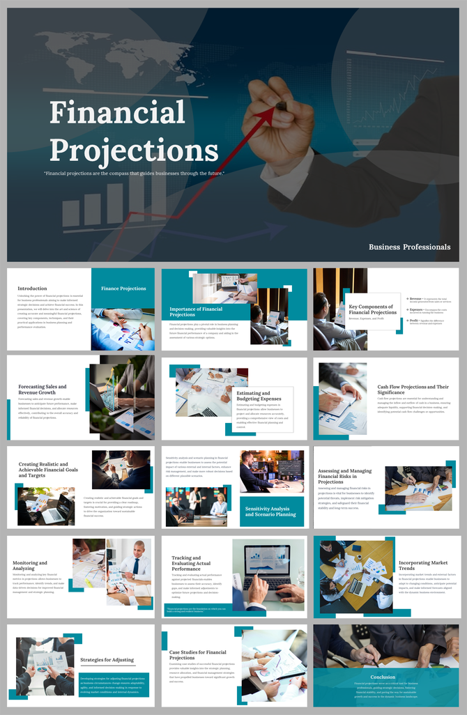 Financial projections slides on budgeting, forecasting, and risk management with related images and text descriptions.