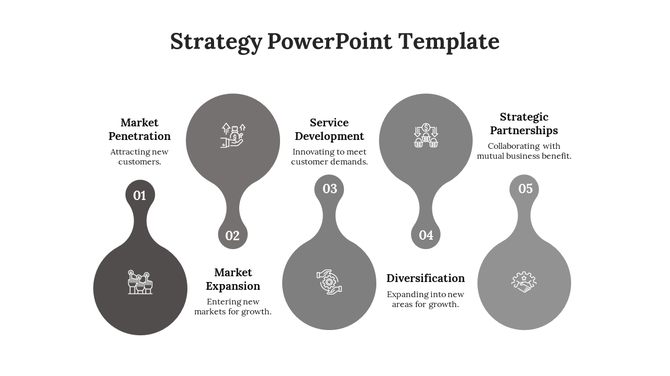 Strategy template with five connected droplet style elements in grayscale, each showing an icon and number from 01 to 05.