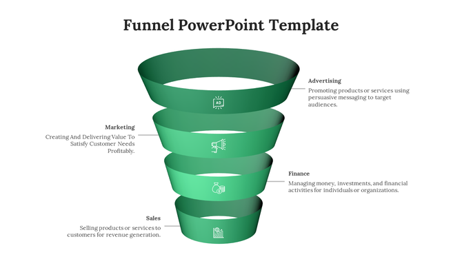 Green funnel chart in PowerPoint, illustrating steps from advertising to sales in a business marketing process with text.