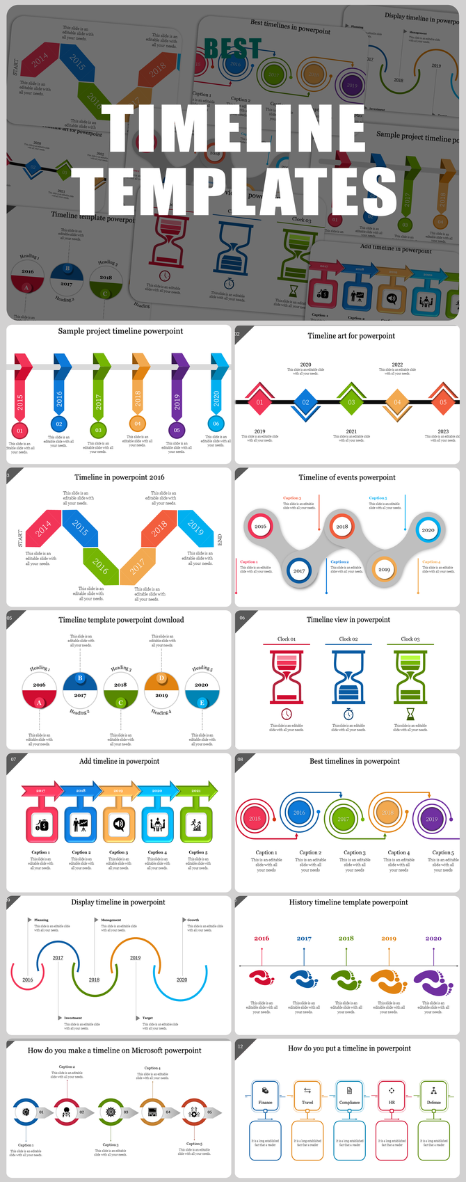 Slide deck showcasing various timeline designs with vibrant colors, including arrows, circles, and hexagons.