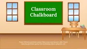 Illustration of a classroom with a green chalkboard, wooden desk, chair, and books stacked on the side.