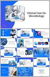 Alt: Clinical Case on Microbiology cover slide with blue-white layout showing scientist using microscope in laboratory scene.