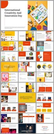 Colorful slide deck celebrating international creativity and innovation day with many sections in colorful layout designs.