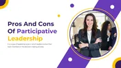 Template covering the pros and cons of participative leadership, with multiple slide deck featuring diagrams.