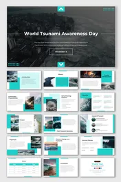World Tsunami Awareness day slides with ocean wave imagery, covering the causes, preparedness, and impact of tsunamis.
