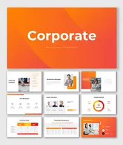 Gradient-themed corporate presentation with slides covering company details, services, team profiles, and pricing strategies