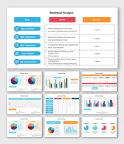 Statistical analysis slides show stages with different colorful layout designs with detailed descriptions.