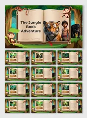 Jungle Book story slides with Mowgli, tiger, and jungle creatures in a book format, featuring vibrant forest backgrounds.