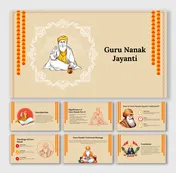 Slides about Guru Nanak Jayanti, including cultural elements, historical background, teachings, and celebration rituals.