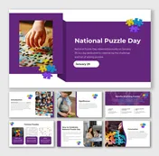 National Puzzle Day presentation template with puzzle-themed visuals and celebration ideas.
