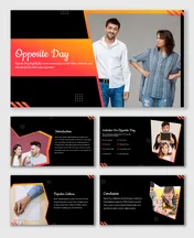 Opposite Day presentation with playful visuals and engaging content, featuring a mix of bold colors and humorous imagery.