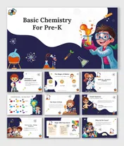 Colorful pre-K chemistry presentation with cartoon scientists, lab experiments, and fun science concepts for young learners.