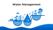 Water Management infographic with blue-themed icons showing challenges, benefits, and sustainable water solutions.
