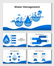 Water Management infographic with blue-themed icons showing challenges, benefits, and sustainable water solutions.