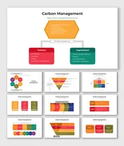 Multi-slide carbon management visuals with hexagons, funnels, and labeled sections for strategy and improvement.