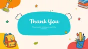 Thank You Slide PPT Template Free Download with stationery, books, rocket, clock, teal shapes, and cream background.