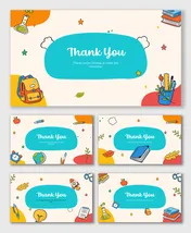 Thank You Slide PPT Template Free Download with stationery, books, rocket, clock, teal shapes, and cream background.