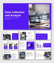 Data Collection and Analysis slides explaining methods, types of data, analysis techniques, tools and decisions