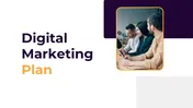 Digital marketing plan slides, covering key areas like mission, vision, mobile marketing, and media strategies.