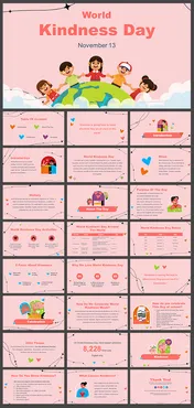 Set of slides showcasing illustrations of children, hearts, and content about kindness, on a pink background.