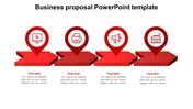 Four red 3D arrows with circular icons above, each with text space, on a white background.