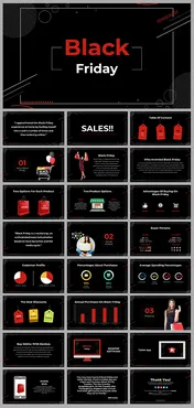 Black friday slide deck, featuring dark backgrounds with red accents, and data visualizations about shopping trends.