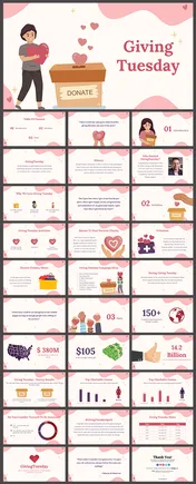 A slide deck for giving Tuesday, featuring a donation box with floating hearts and a person contributing.