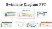 Slide deck showcasing multiple swimlane diagrams in various layouts and color schemes, used for process mapping.