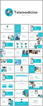 Telemedicine infographic slide deck with blue and white layouts, showing doctors on screens, charts, icons.