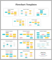 Colorful flowchart slides with multiple diagrams showing different process flows and decision points.