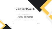 Certificate slide deck with placeholders for recipient's name, date, and signature, framed by modern shapes.