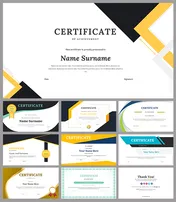 Certificate slide deck with placeholders for recipient's name, date, and signature, framed by modern shapes.