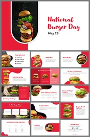 National burger day slide deck showcasing the rise of it, regional variations, toppings, and sauces with colorful photos.
