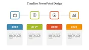 Timeline design with four colored rectangles in blue, green, red, and orange, connected by icons in square frames.
