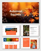 Set of six presentation slides with a warm orange design, showing information on the Autumnal Equinox.
