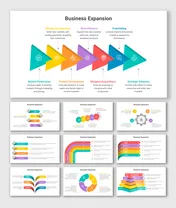 Detailed Business Expansion diagram with arrows and bold colors presenting actionable growth methods for global market entry.
