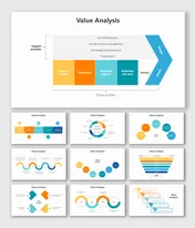 Value Analysis slides showcasing primary activities like logistics, marketing, and service with vibrant color-coded segments.