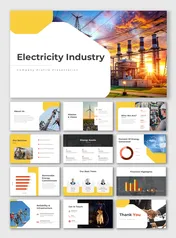 Electricity Industry slide with services, assets, team, and financials in yellow and grey design, highlighting key elements.