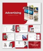 Advertising Company Profile presentation with red-white theme, service overview, team, mission, history, and contact details.