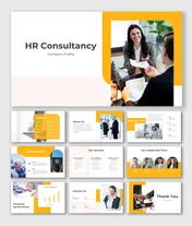 HR consultancy company profile with yellow-white theme, showing services, team, mission, financials, and contact details.