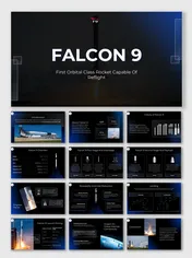 Falcon 9 presentation with dark theme showing rocket specs, stages, reusability, missions, pricing, and global impact.
