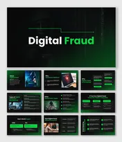 Digital Fraud presentation with green-black theme showing scam types, awareness tips, and safety prevention steps.